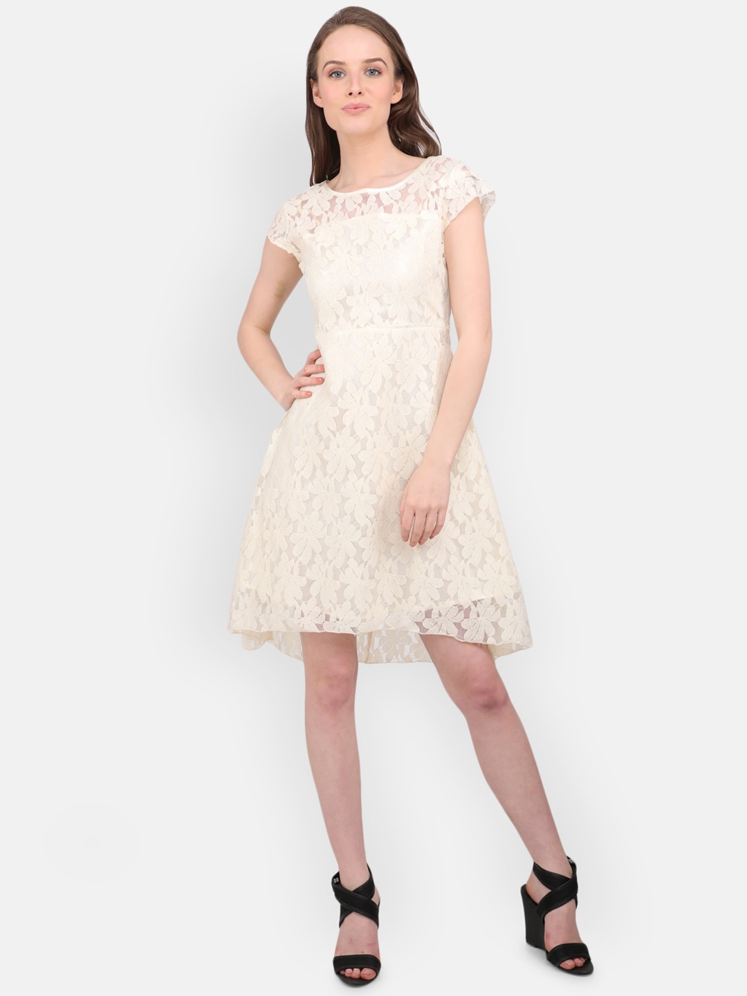 

MARC LOUIS Women White Self Design Fit and Flare Dress