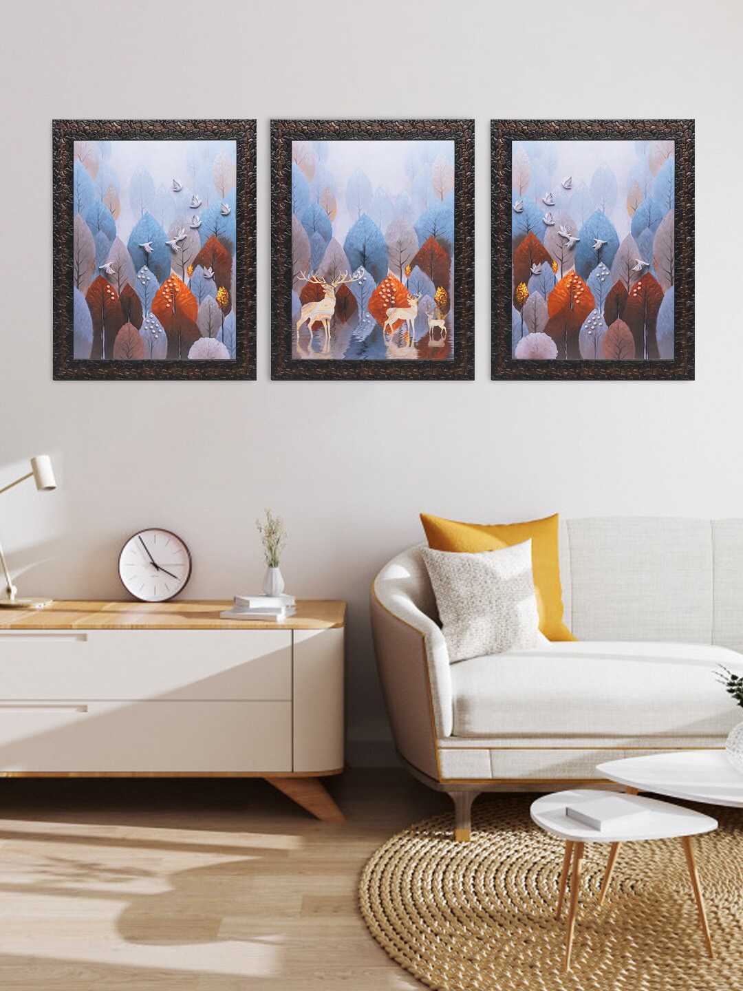 

Indianara Set of 3 Blue & Brown Deer and Birds Framed Art Prints without Glass