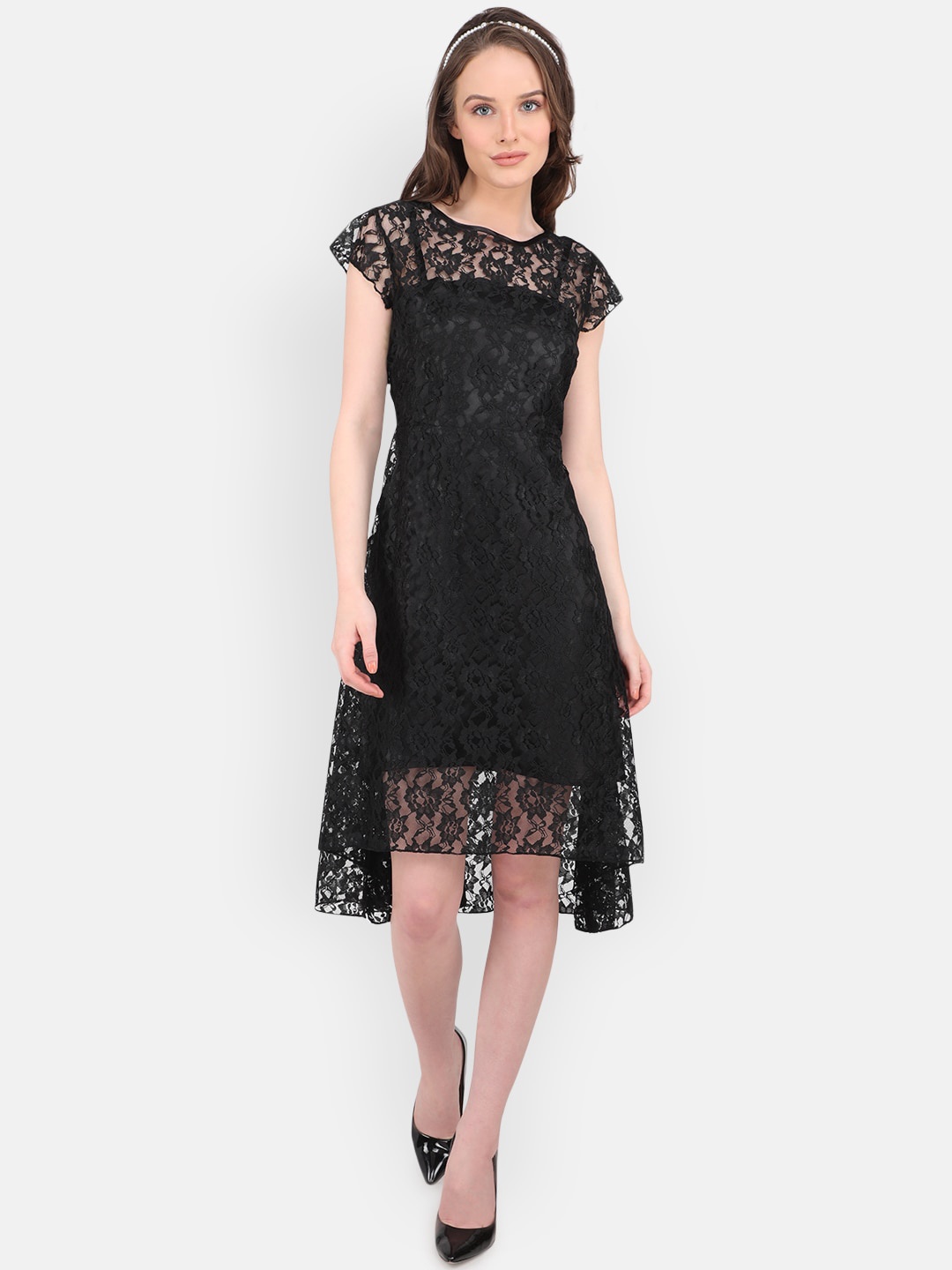 

MARC LOUIS Women Black Self Design Fit and Flare Dress