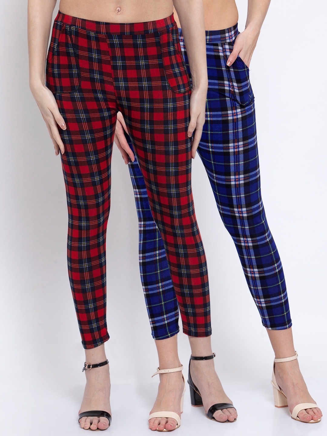 

KLOTTHE Women Pack Of 2 Red & Blue Checked Jeggings, Navy blue