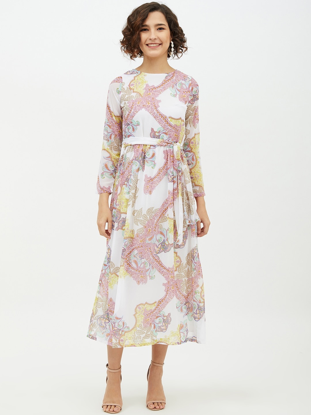 

StyleStone Women Multicoloured Printed A-Line Dress with Belt, Multi
