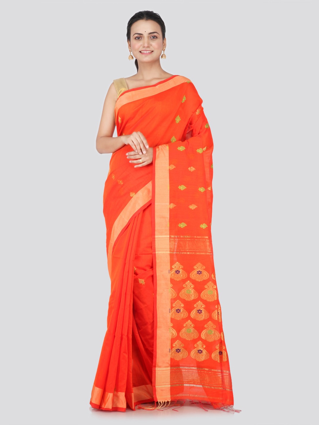 

PinkLoom Orange & Gold-Toned Cotton Blend Woven Design Handloom Saree