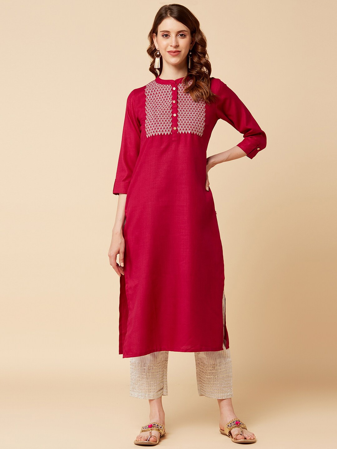 

Varanga Women Coral Red Geometric Yoke Design Handloom Kurta