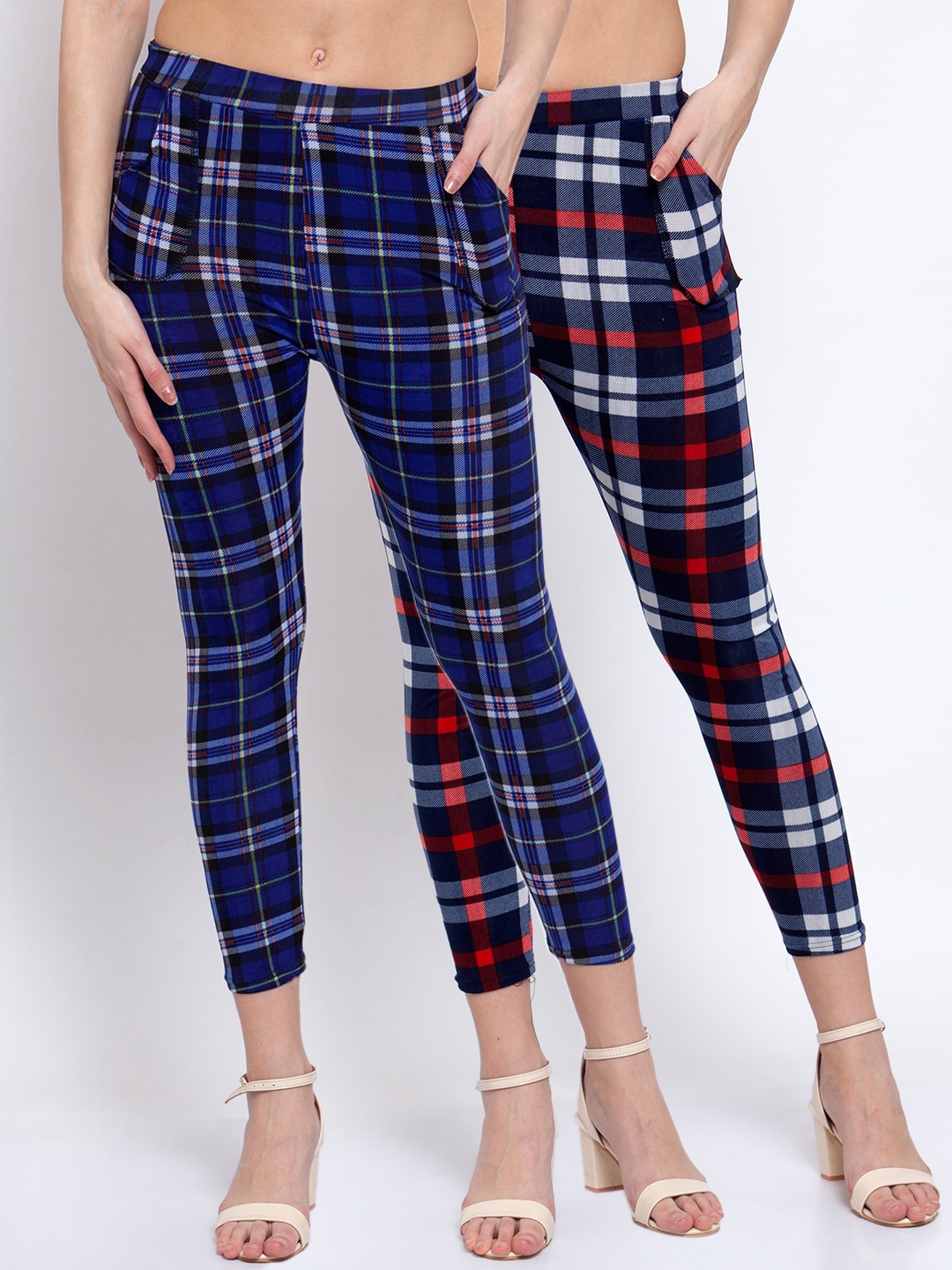 

KLOTTHE Women Pack Of 2 Checked Skinny Fit Cropped Treggings, Navy blue