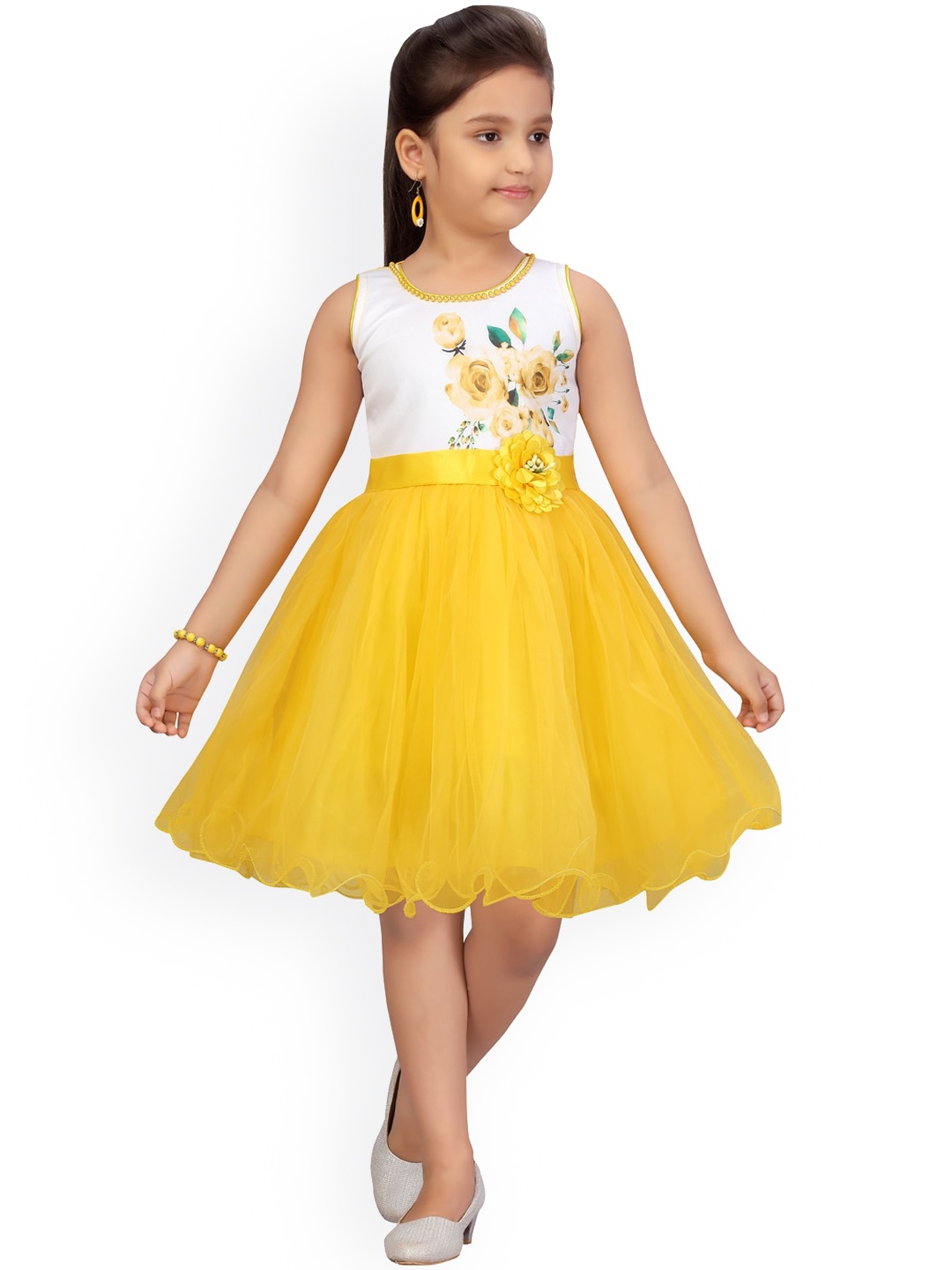 

Aarika Girls Yellow Printed Fit and Flare Dress