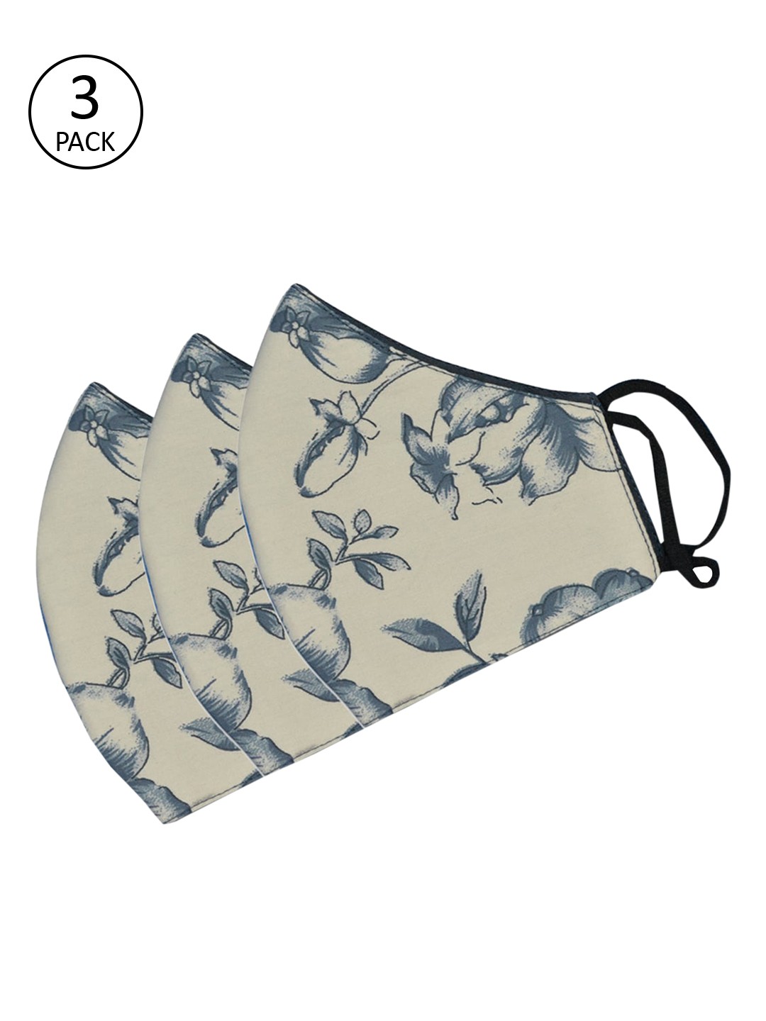 

Tossido Pack Of 3 Off-White & Grey Floral Printed 3-Ply 100% Cotton Reusable Cloth Masks