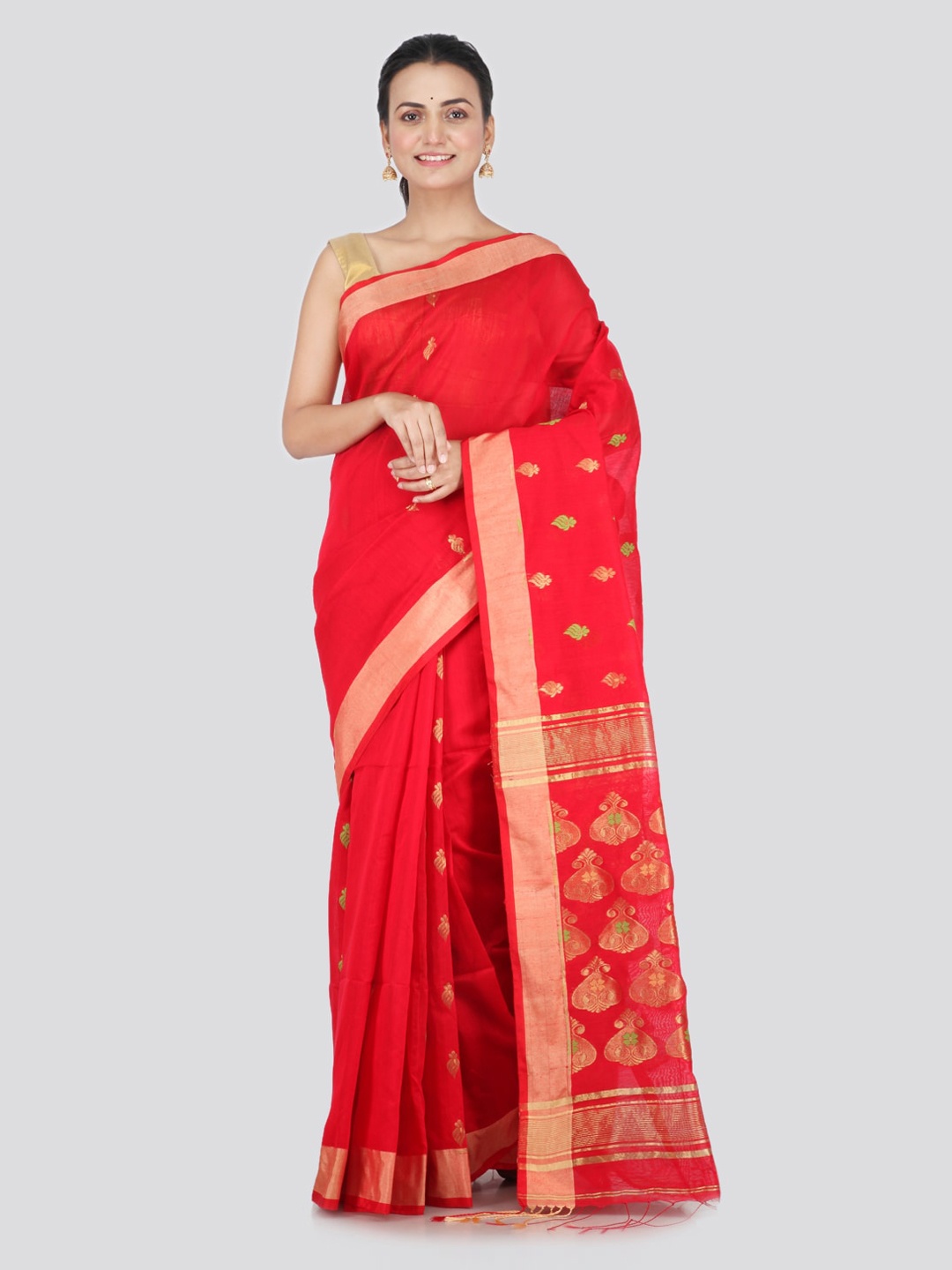 

PinkLoom Red & Gold-Toned Cotton Blend Woven Design Handloom Sustainable Saree