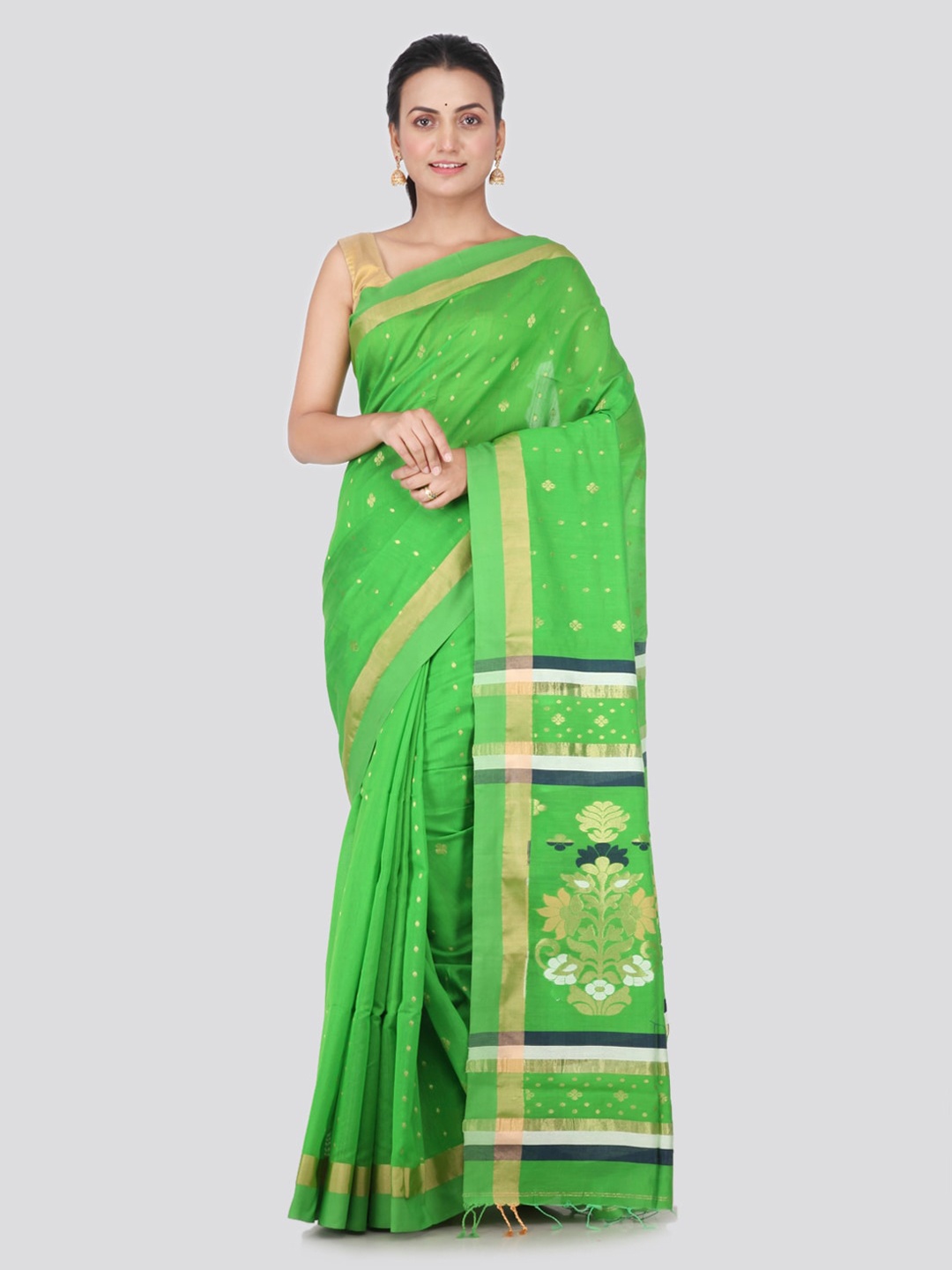 

PinkLoom Green Cotton Blend Woven Design Handloom Sustainable Saree
