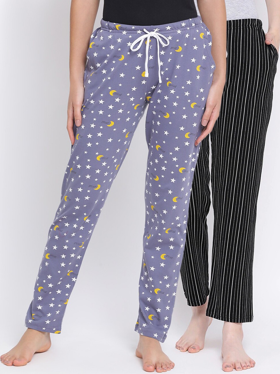 

Kanvin Women Pack Of 2 Printed Pure Cotton Lounge Pants PJ1077+PJ1113, Black