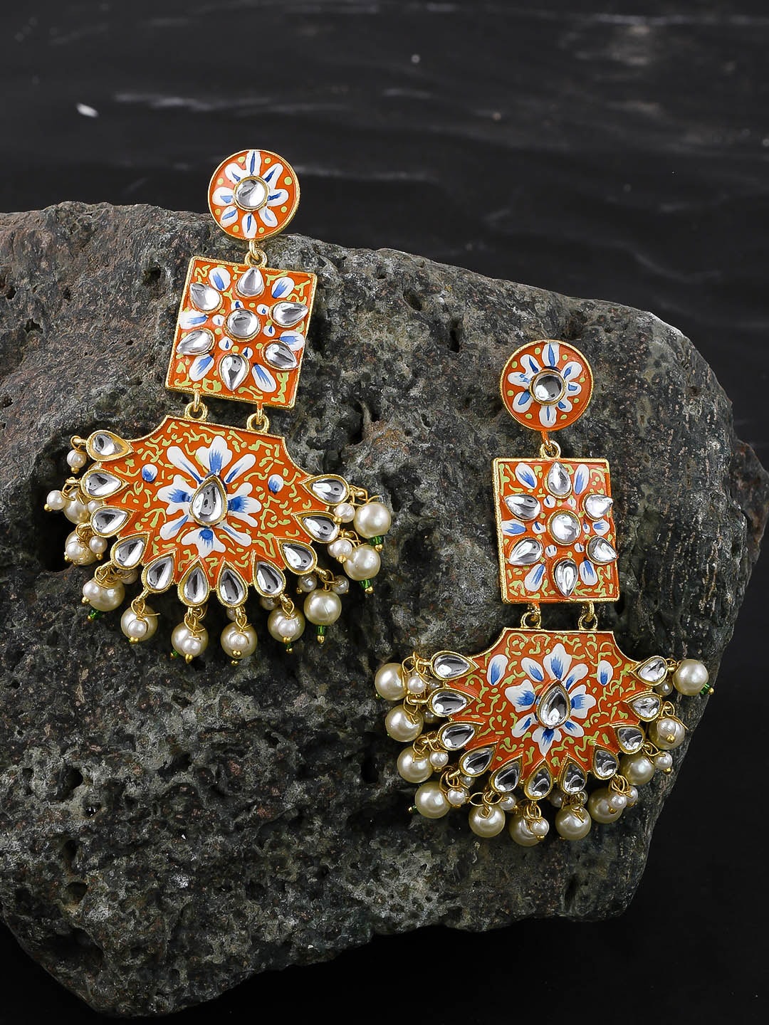 

Silvermerc Designs Gold-Plated & Orange Handpainted Contemporary Drop Earrings