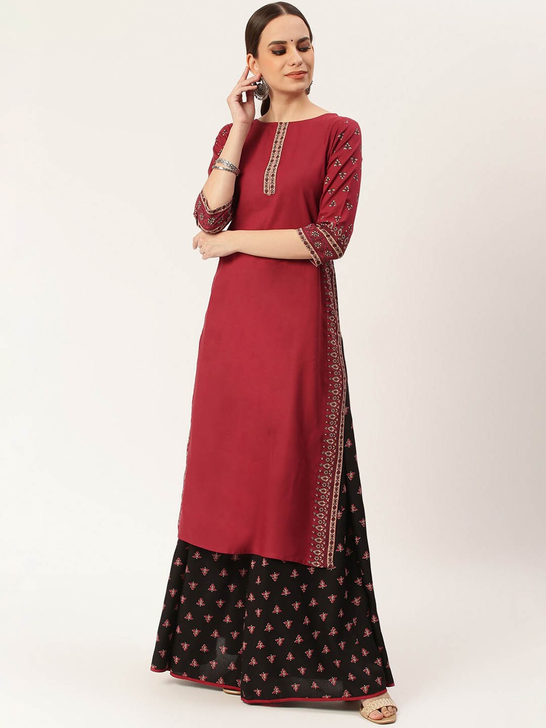 

Rustorange Women Maroon & Black Yoke Design Kurta with Skirt