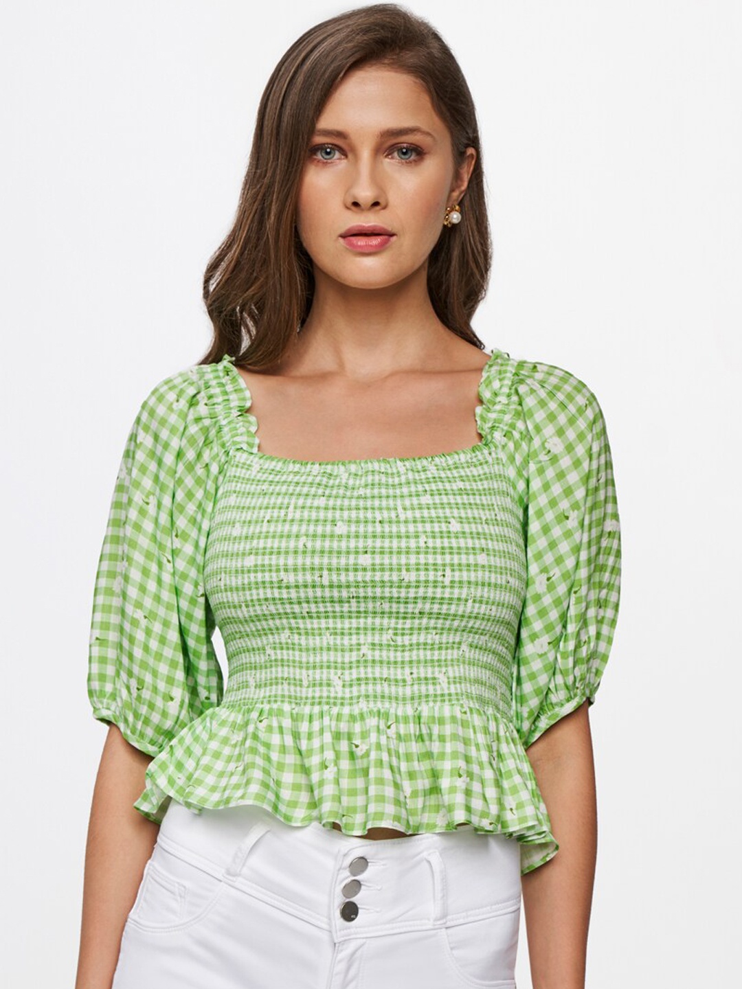 

AND Green & White Checked Smocked Peplum Crop Top