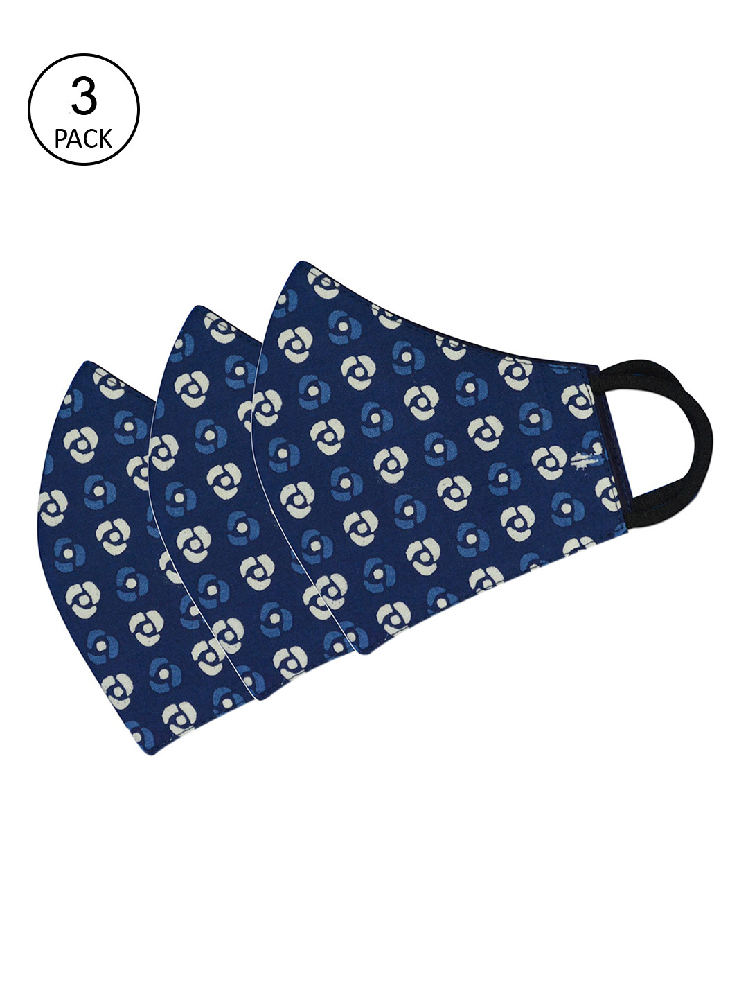 

Tossido Pack Of 3 Blue & White Printed 3-Ply 100% Cotton Reusable Cloth Masks