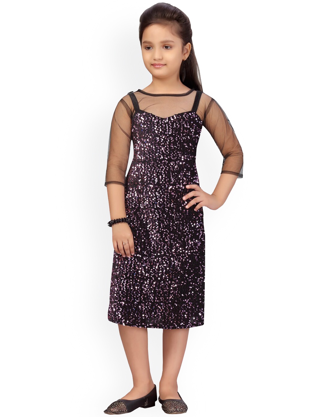 Aarika Girls Black Sequinned Fit and Flare Dress