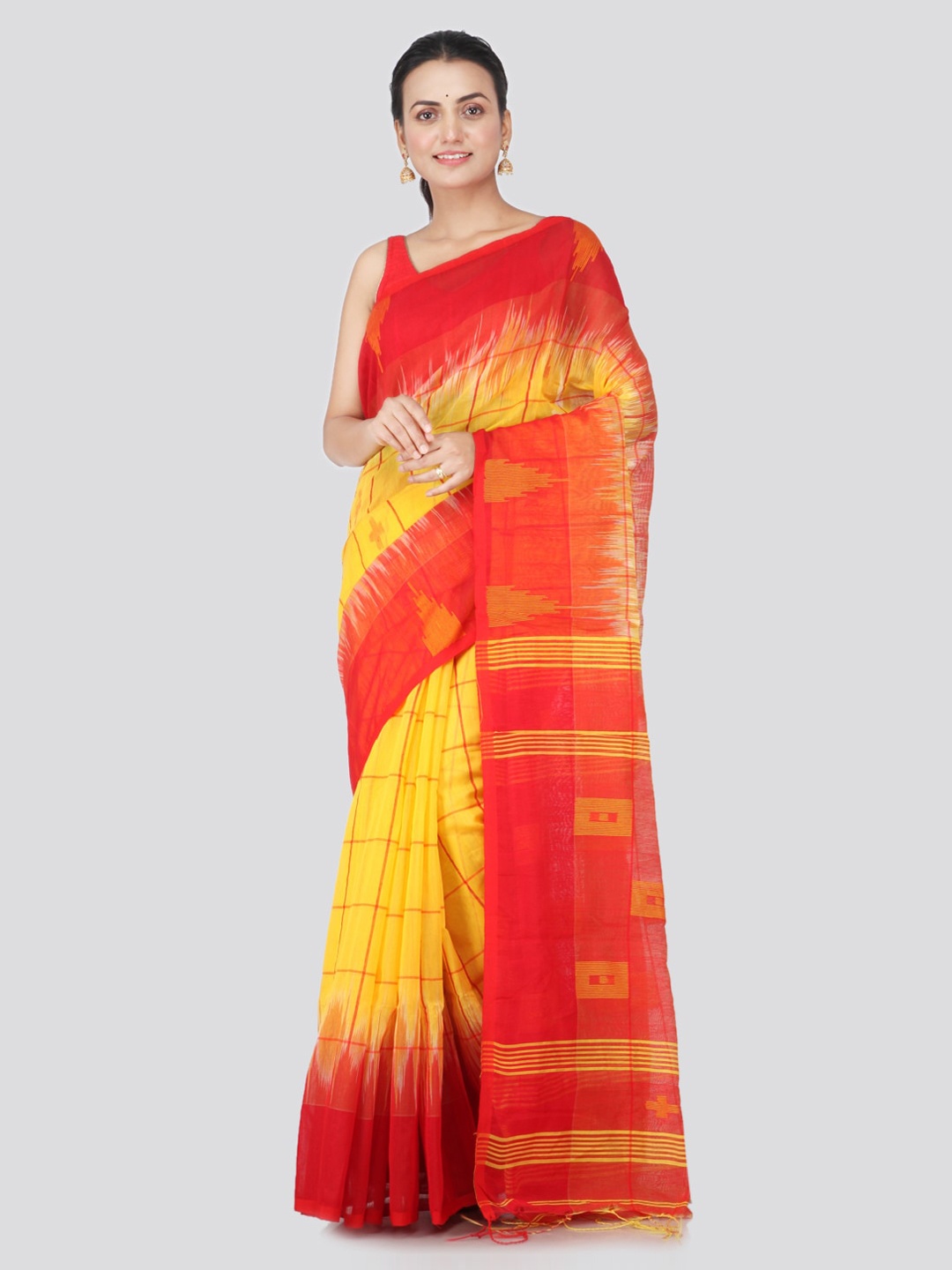

PinkLoom Yellow & Red Cotton Blend Woven Design Handloom Sustainable Saree