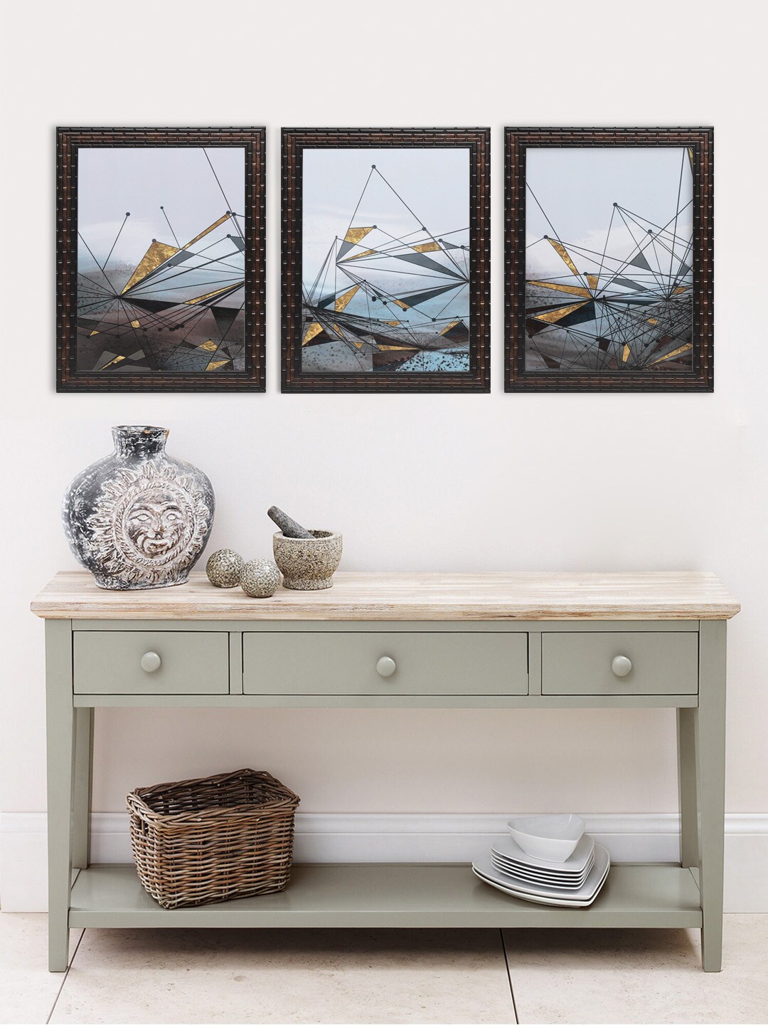 

Indianara Set Of 3 Grey & Brown Abstract Lines Framed Art Prints Without Glass