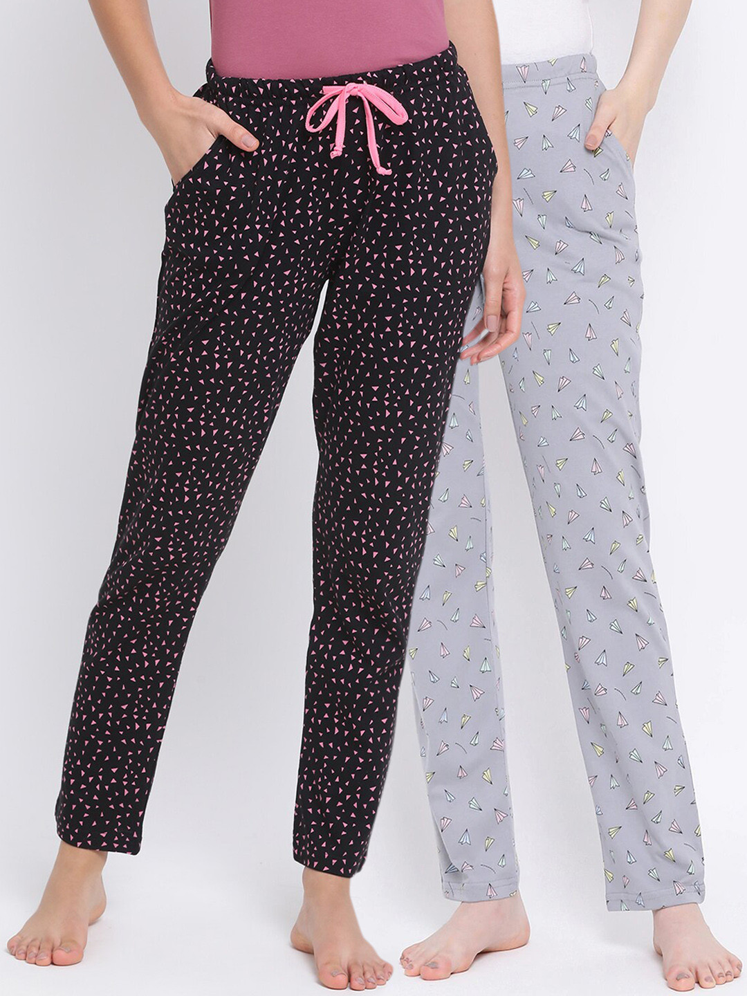 

Kanvin Women Pack Of 2 Printed Cotton Lounge Pants, Grey
