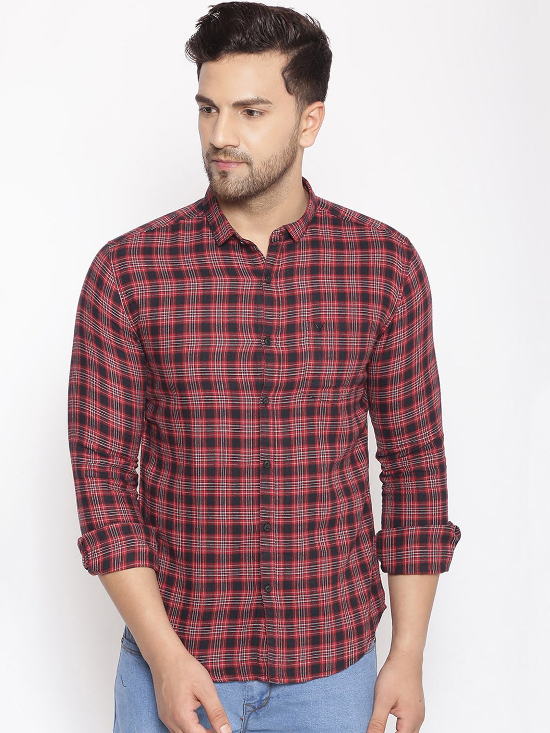 

SHOWOFF Men Red & Black Cotton Classic Slim Fit Checked Casual Shirt