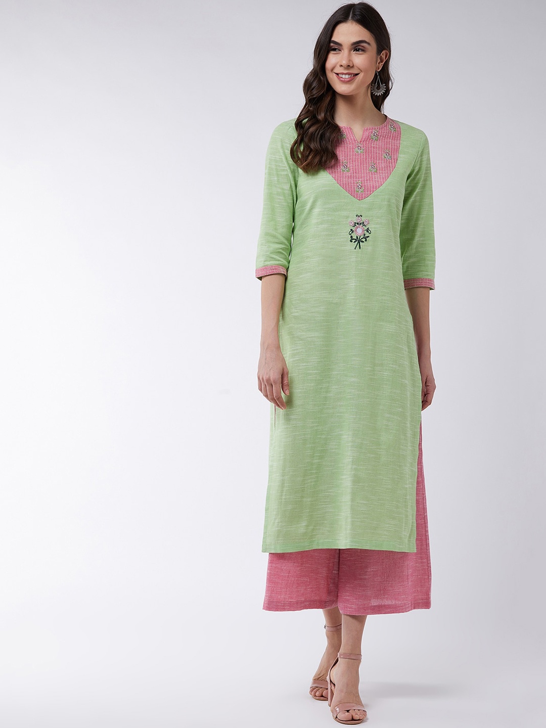 

Pannkh Women Green Embroidered Yoke Design Chambray Kurta