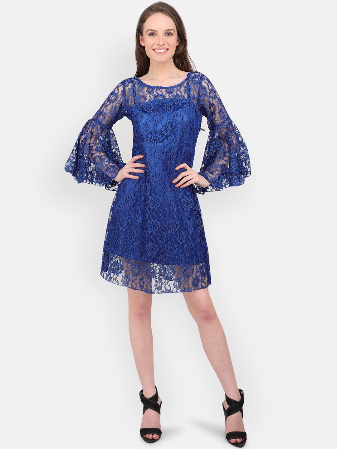MARC LOUIS Women Blue Self Design Fit and Flare Dress