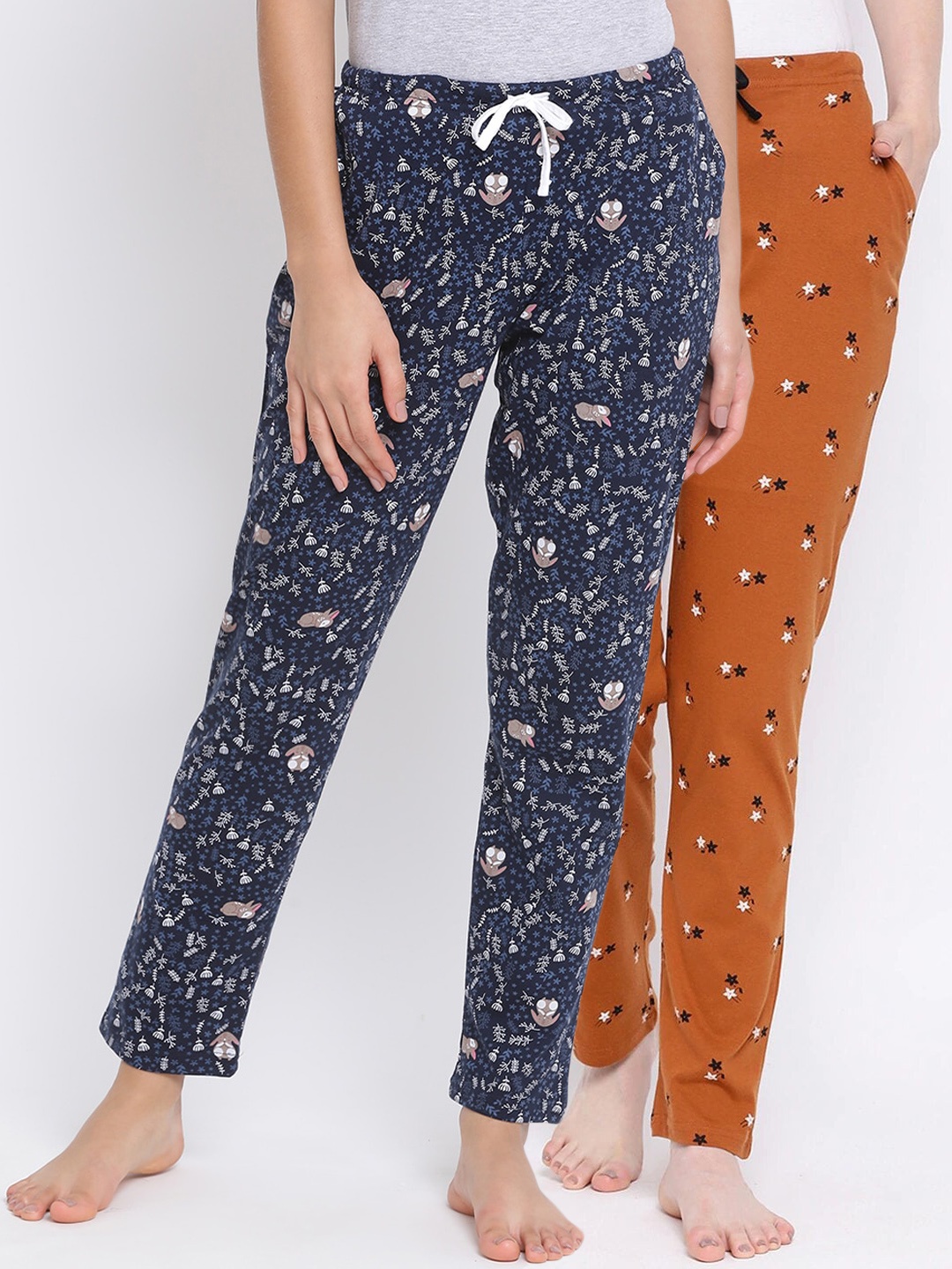 

Kanvin Women Pack Of 2 Printed Pure Cotton Lounge Pants PJ1114+PJ1123, Navy blue