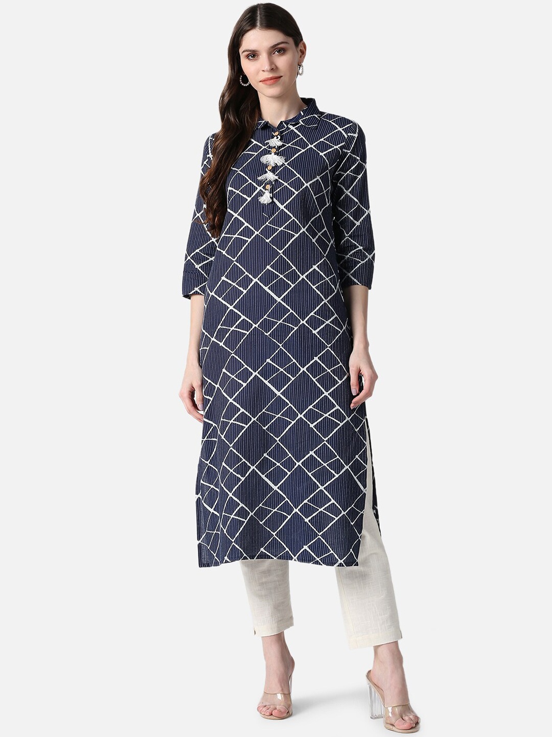 AHIKA Women Navy Blue & White Geometric Printed Kurta