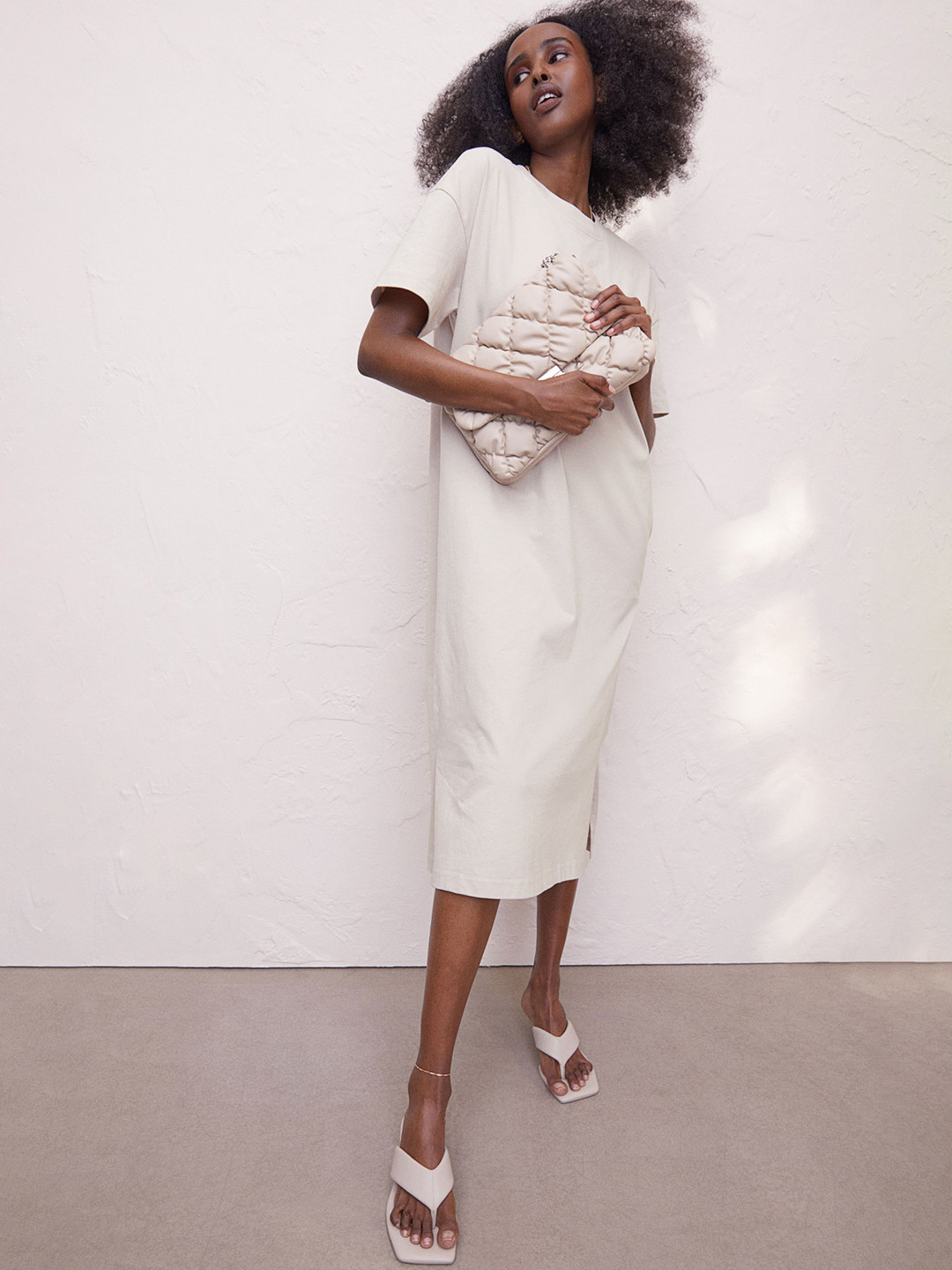 

H&M Women Beige Solid Calf-Length T-shirt Cotton Dress