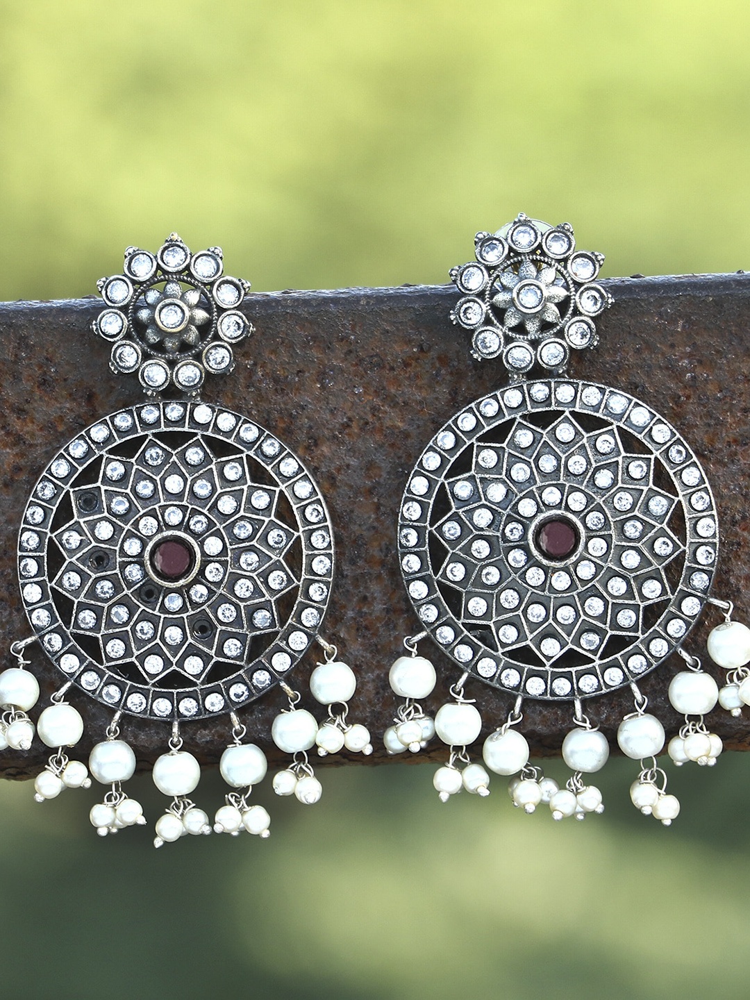 Adwitiya Collection Silver-Toned Circular Drop Earrings
