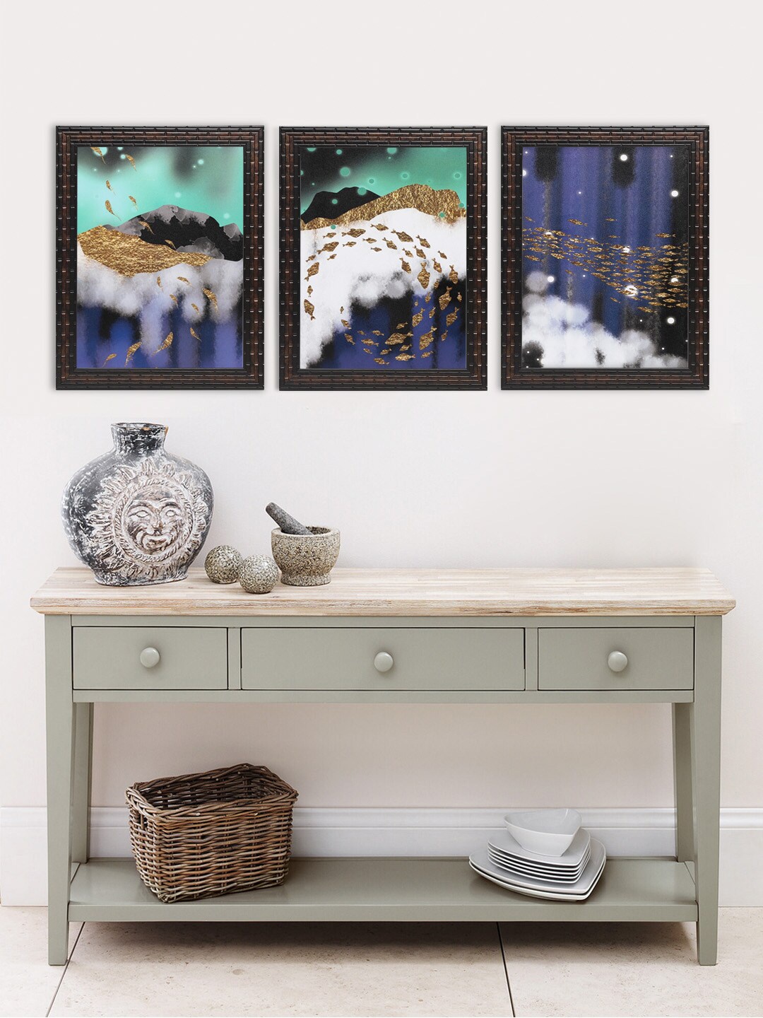 Indianara Set of 3 Abstract Landscape Framed Art Prints, Blue