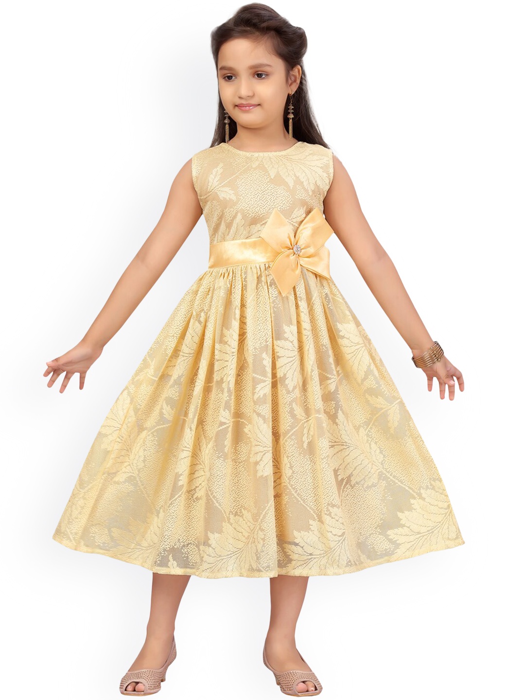 

Aarika Girls Beige Self Design Fit and Flare Dress