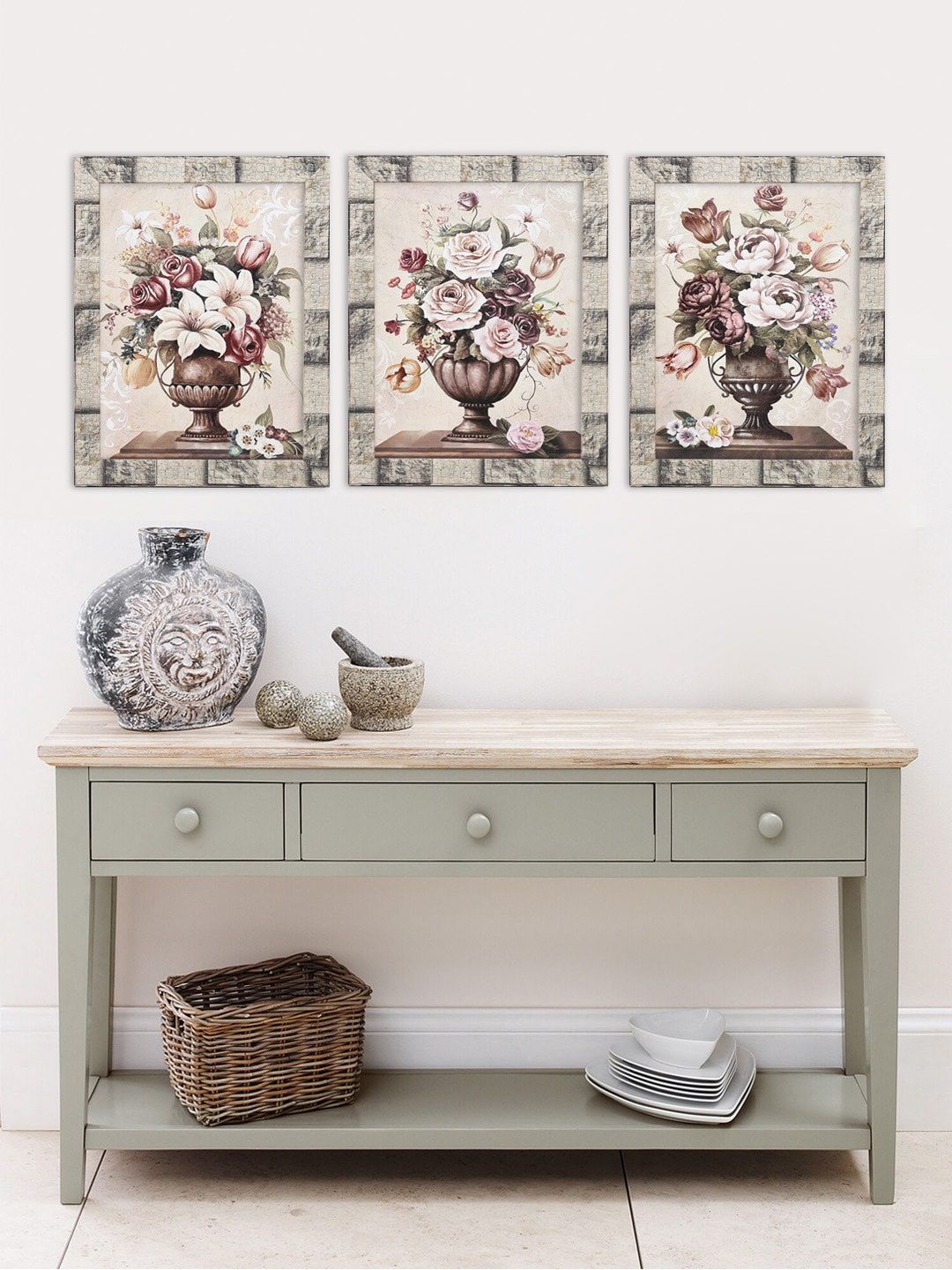 

Indianara 3 Pcs Cream & Green Flower Vases Framed Art Prints