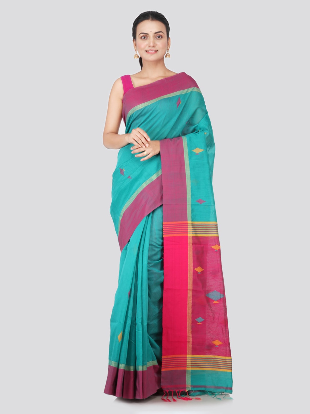 

PinkLoom Blue & Yellow Cotton Blend Woven Design Saree