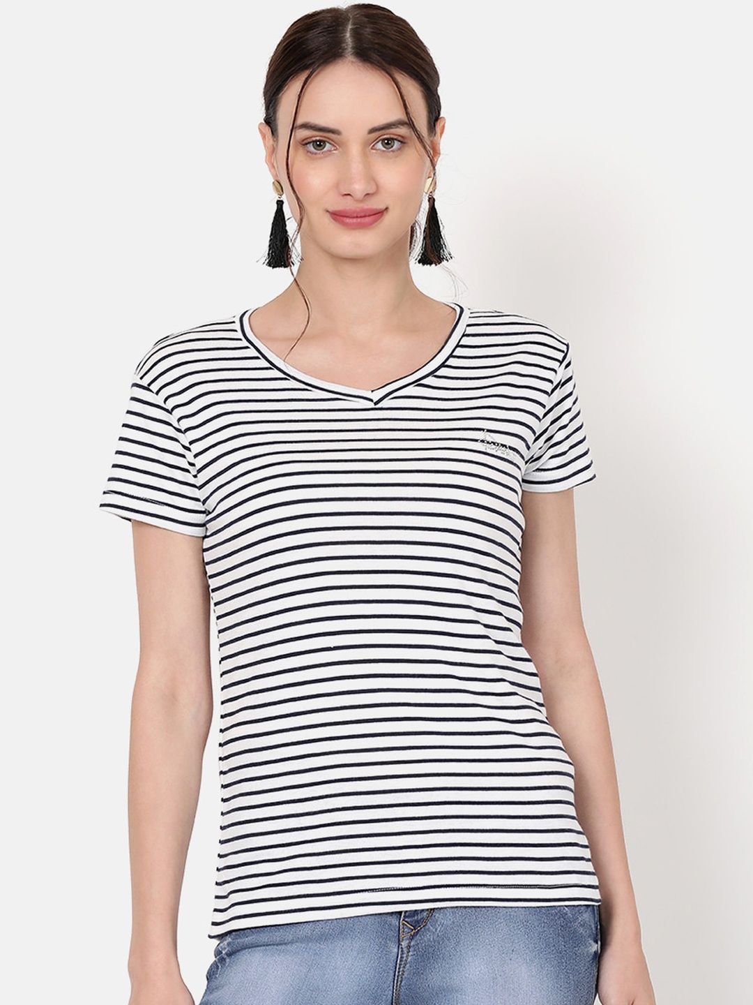 

V2 Value & Variety White & Navy Blue Striped Regular Top