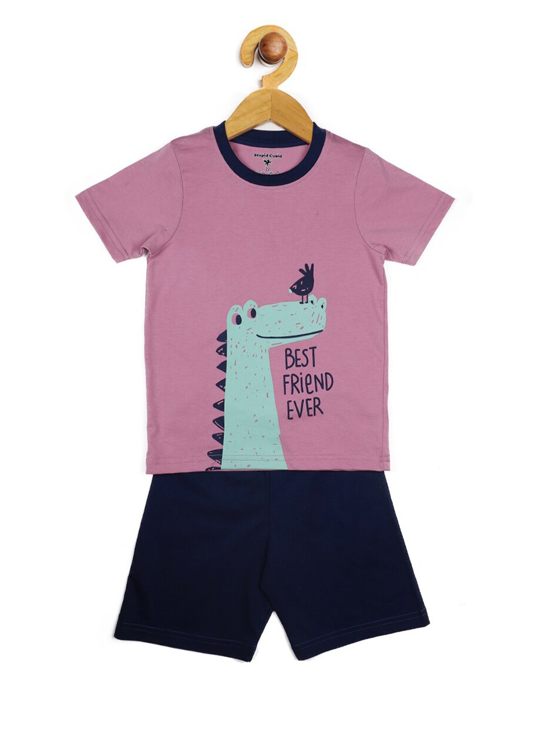 

Stupid Cupid Boys Pink & Navy Blue Printed T-shirt with Shorts