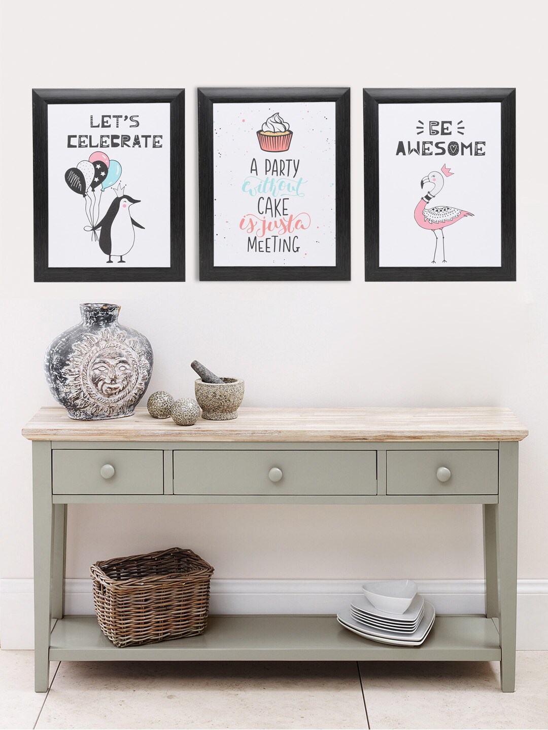 

Indianara Set Of 3 Pink & White Om Printed Framed Art Prints Without Glass