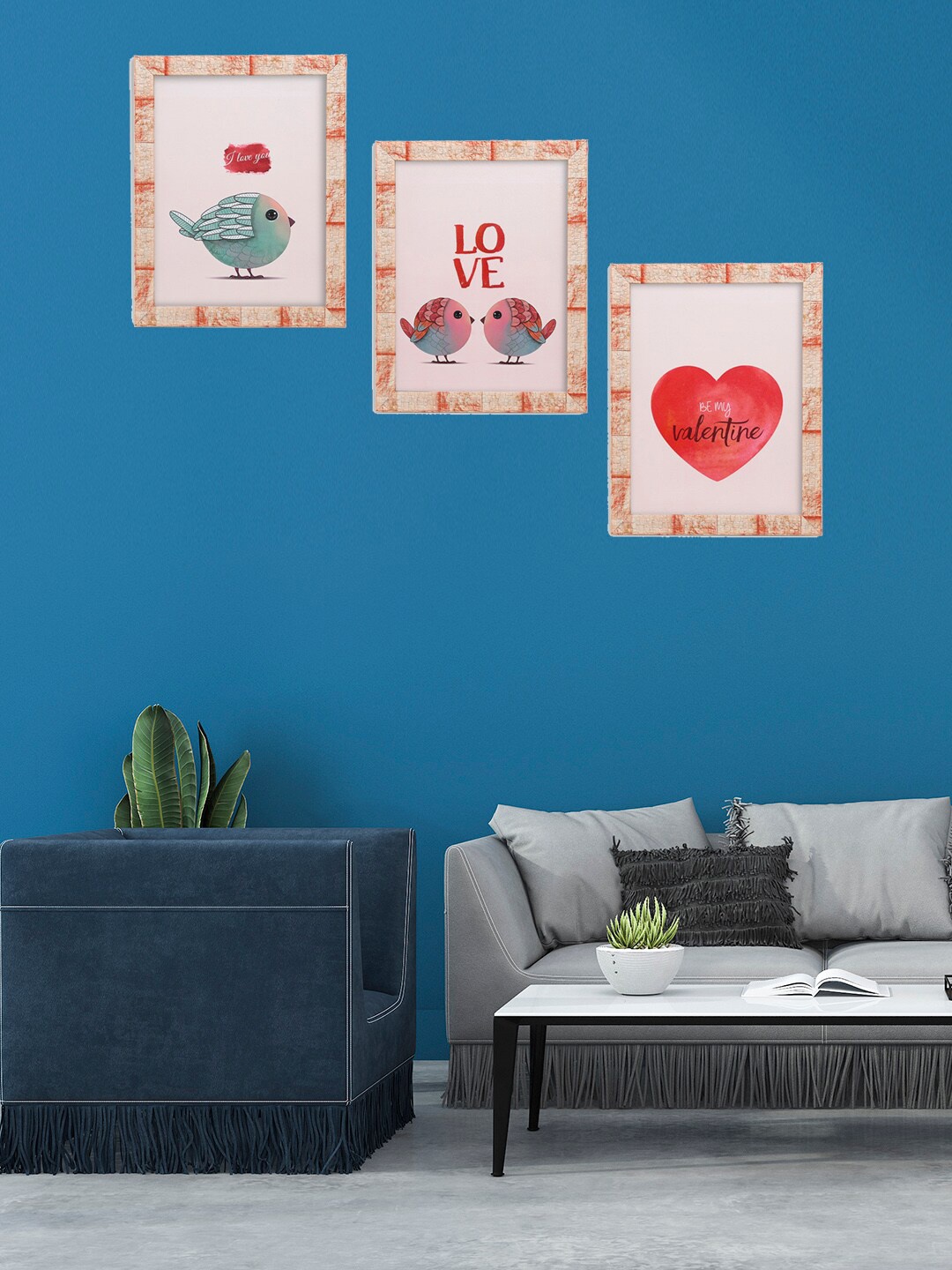 

Indianara Set Of 3 Red & Green Love Birds Valentine Romantic Framed Art Prints