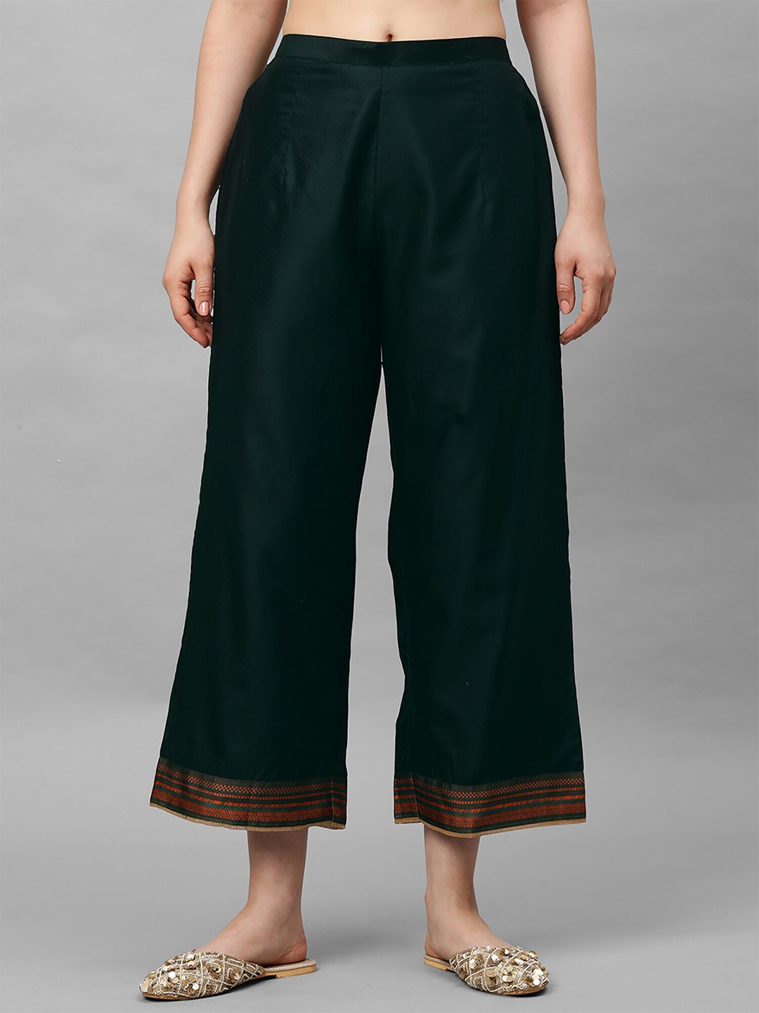 

Indo Era Women Green Hem Design Straight Palazzos