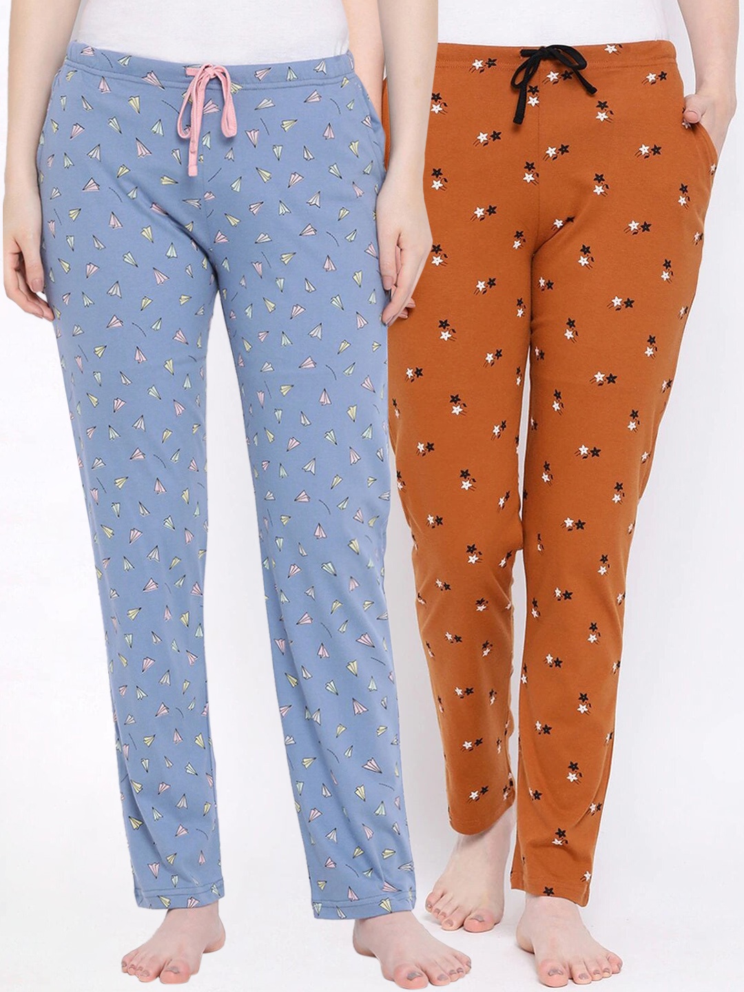 Kanvin Women Pack Of 2 Printed Cotton Lounge Pants, Brown