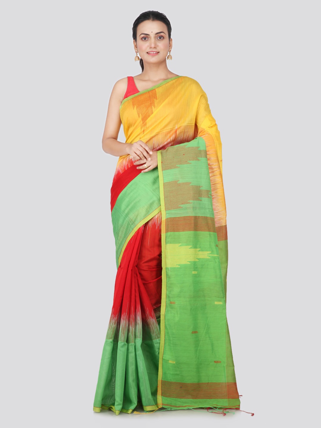 

PinkLoom Multicoloured Woven Design Cotton Blend Handloom Sustainable Saree, Multi