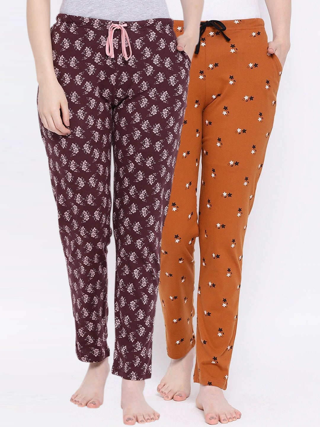Kanvin Women Pack Of 2 Printed Cotton Lounge Pants, Brown