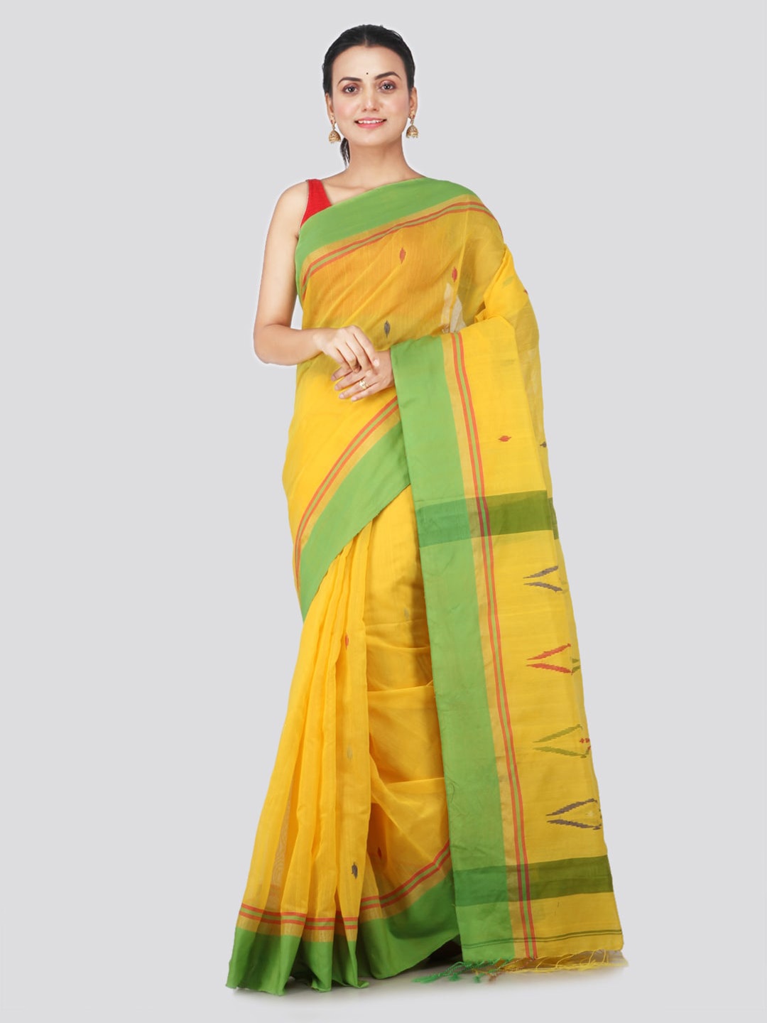 

PinkLoom Yellow & Green Cotton Blend Woven Design Handloom Sustainable Saree