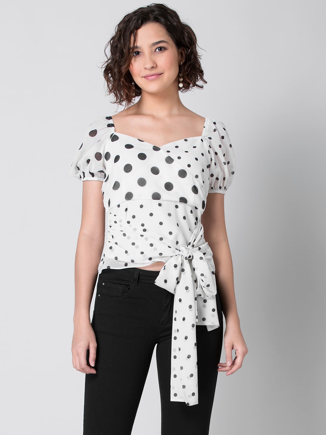 

FabAlley White & Grey Polka Dot Printed Sweetheart Neck Georgette Regular Top