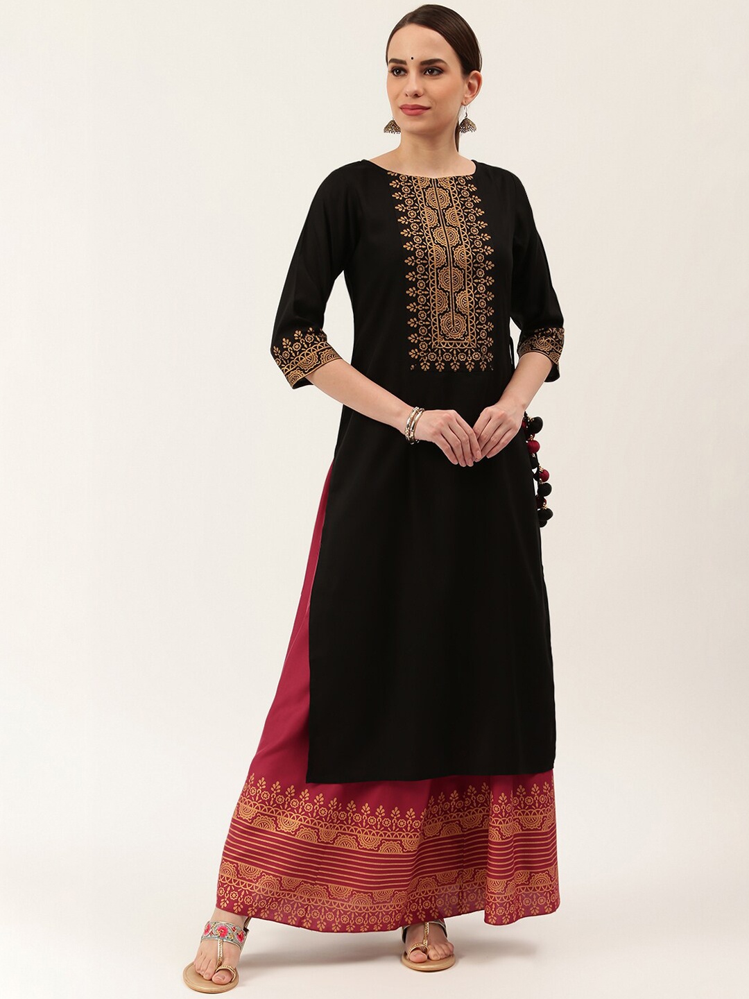 Rustorange Women Black & Pink Yoke Design Kurta with Skirt