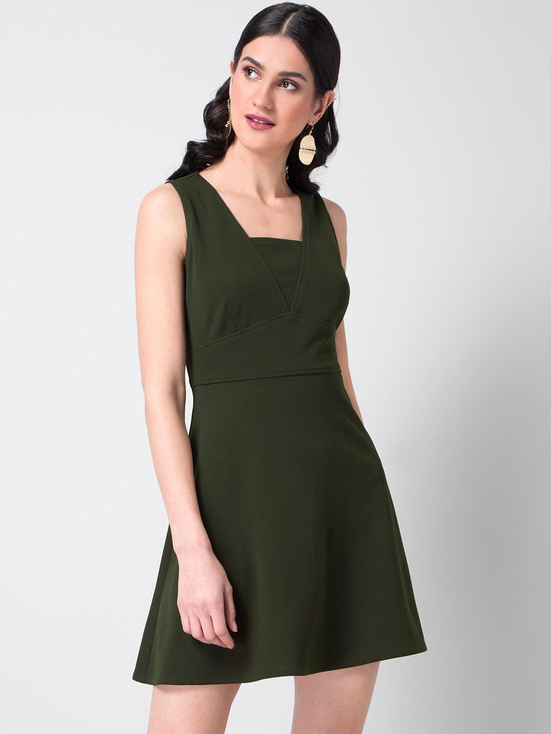 

FabAlley Women Olive Green Solid A-Line Dress