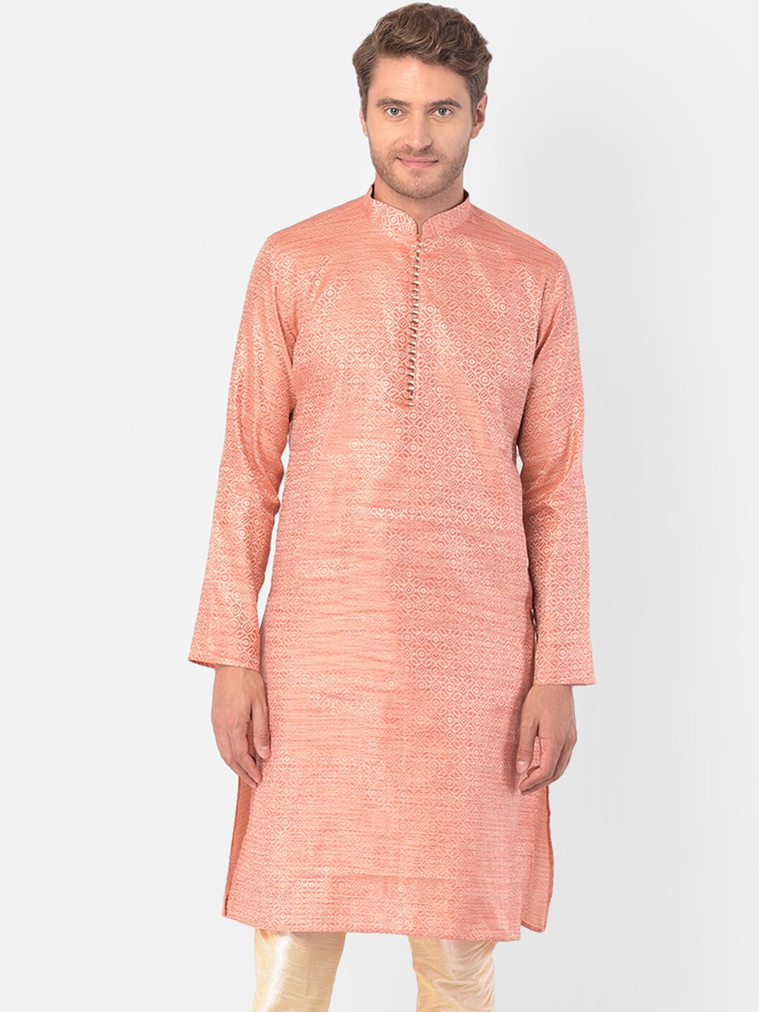 

DEYANN Men Peach-Coloured Woven Design Kurta