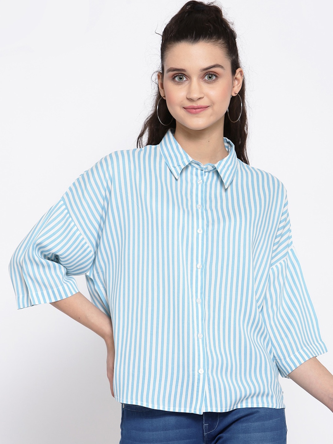 

Pepe Jeans Women Blue & White Regular Fit Striped Casual Shirt
