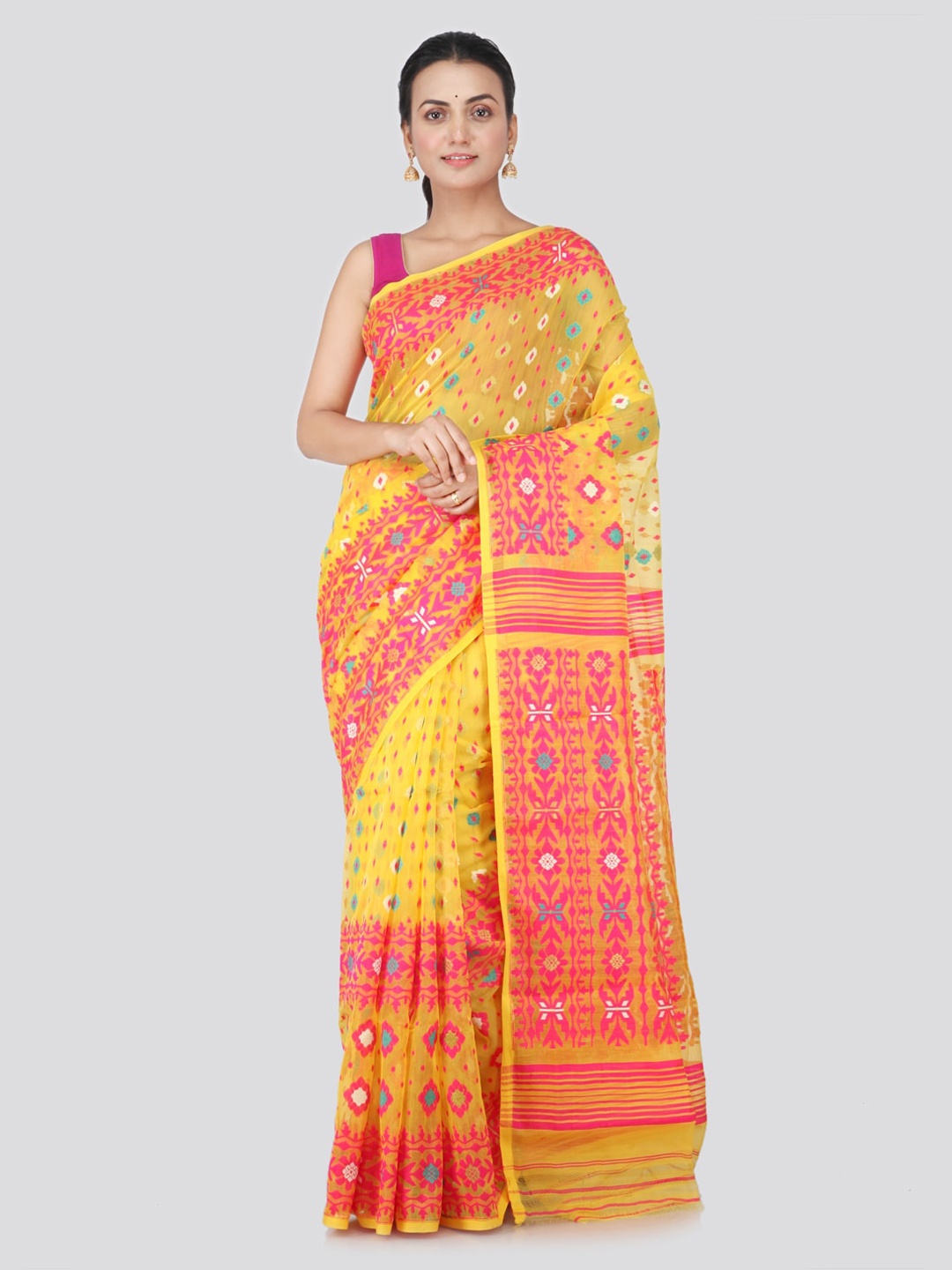 

PinkLoom Yellow & Pink Pure Cotton Woven Design Handloom Jamdani Saree