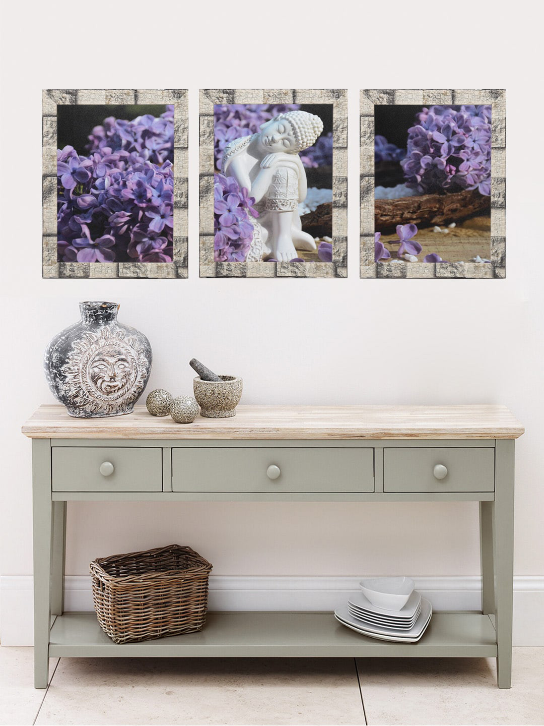 

Indianara Set of 3 Buddha With Purple Flowers Framed Art Prints