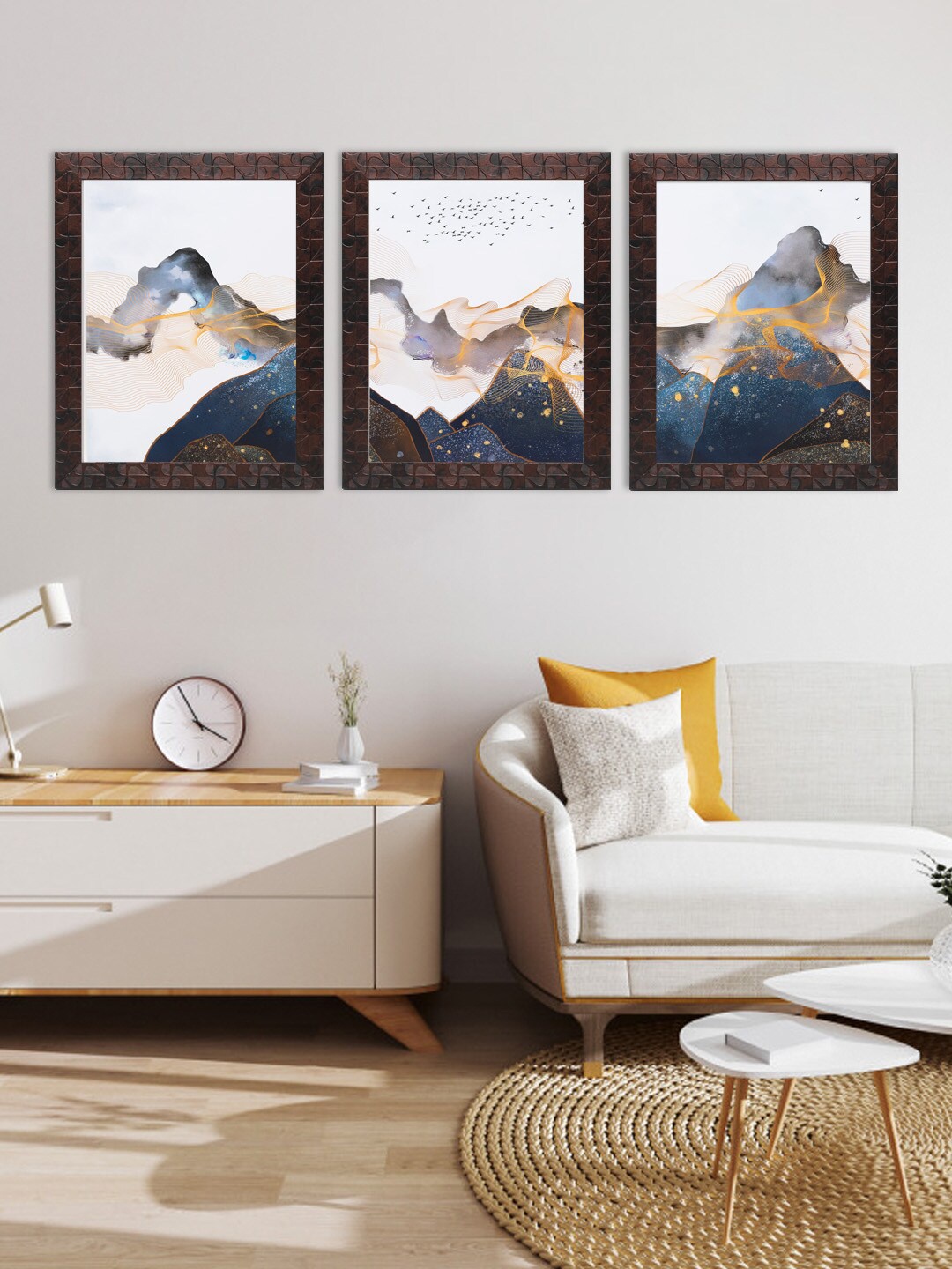 Indianara Set Of 3 Blue & Yellow Mountains Framed Art Prints