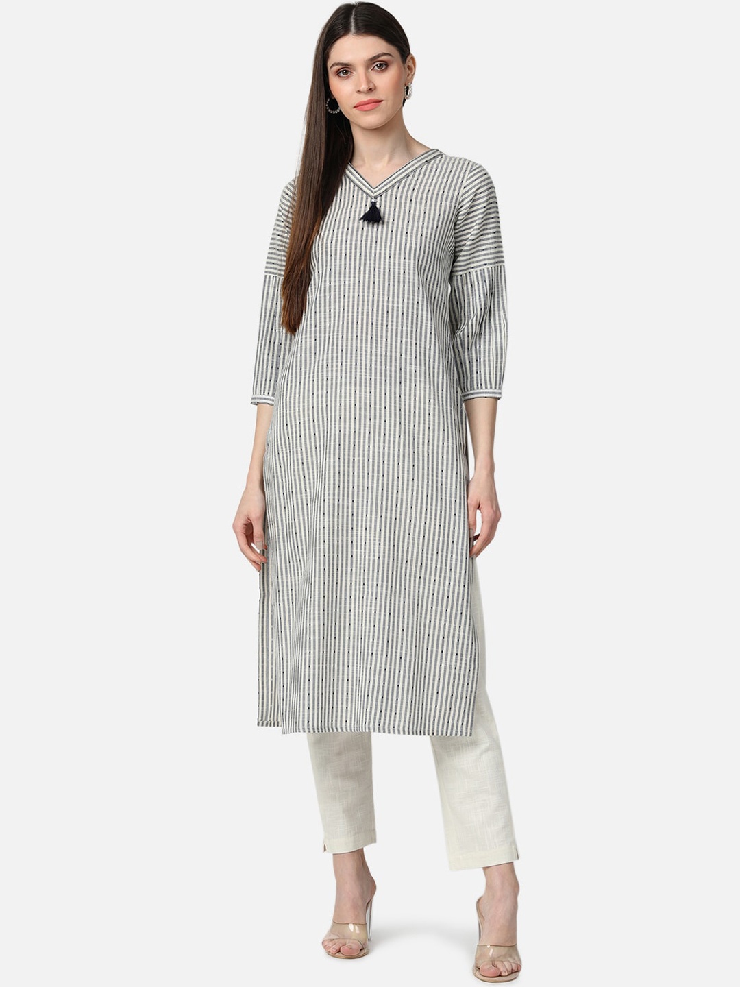 

AHIKA Women White & Blue Striped Kurta